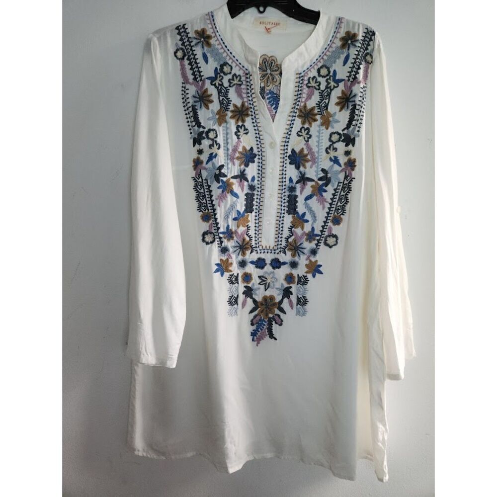 Solitare White w/Multicolor Floral Embroidery Pop Over Tunic Blouse size XL